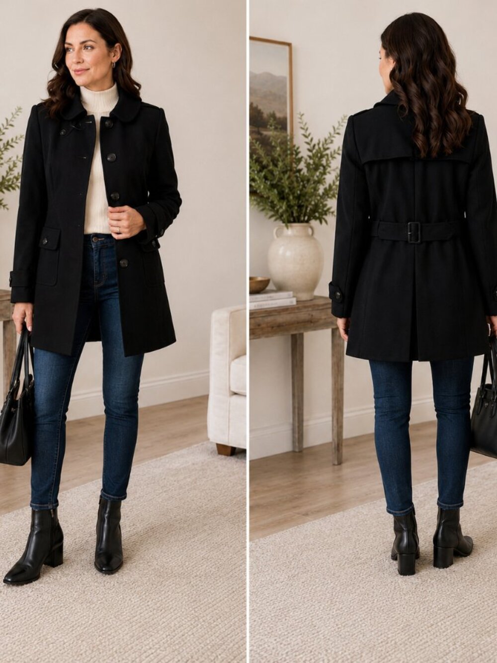 Ann Taylor LOFT Black Peacoat Jacket Women’s Size 12 Belted Wool Blend Classic